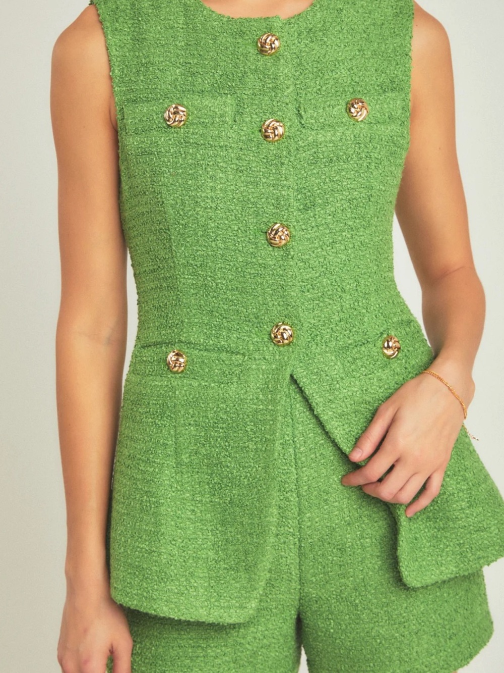 Tweed Buttoned Split Long Top & Shorts Set - Green- Endless Rose